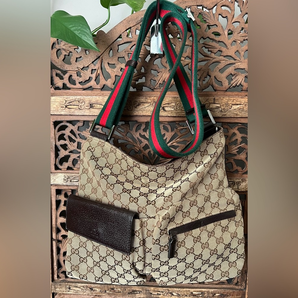 *RARE* Authentic Gucci GG Monogram Canvas Double Pocket Crossbody Shoulder Bag
